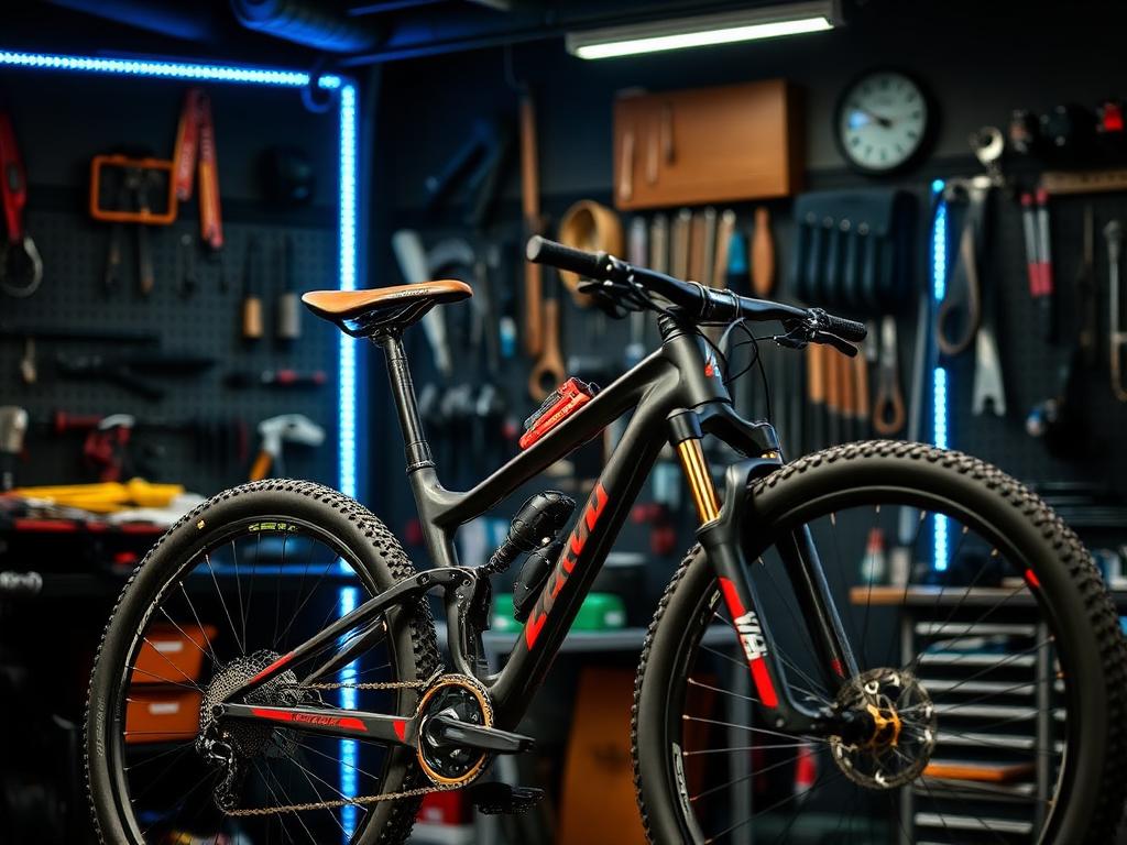 Mecánico ajustando una bicicleta de montaña en nuestro taller